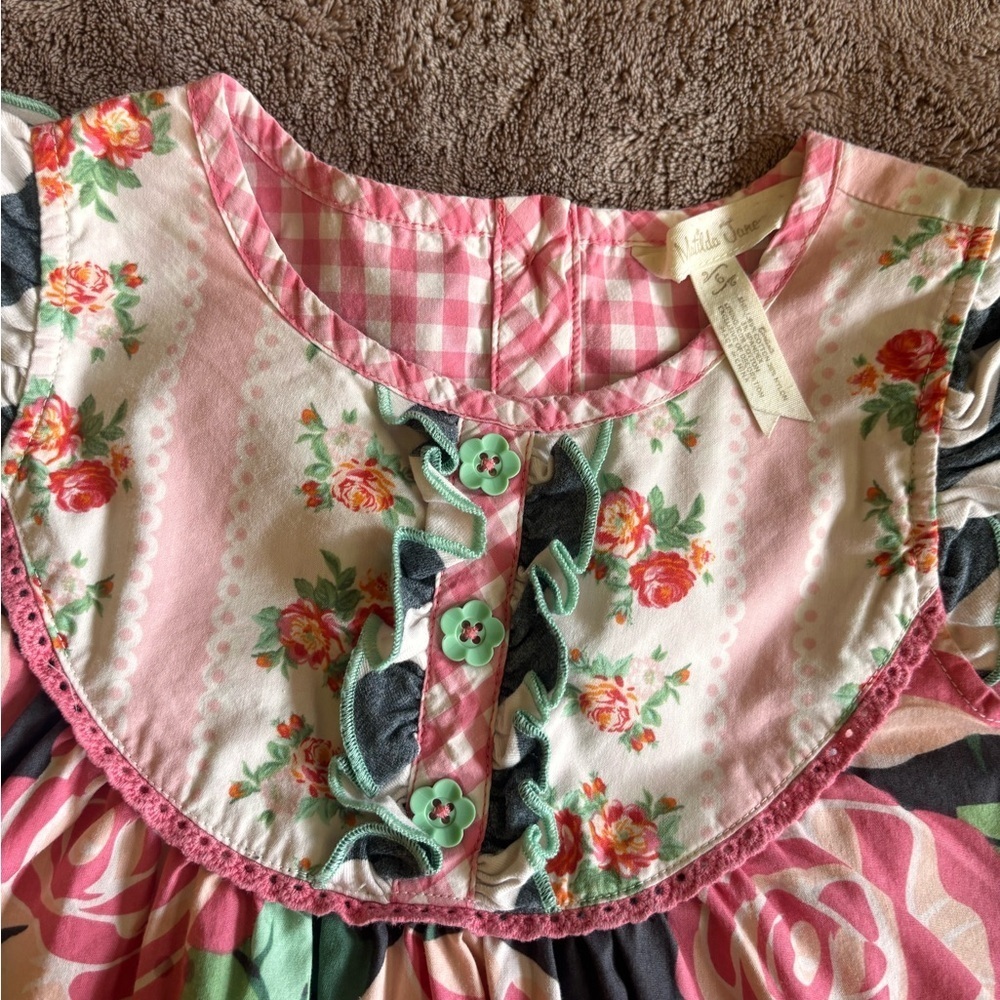 Matilda Jane Girls Floral Ruffle Dress Pink Green Rose Print Size 6 - Picture 2 of 4
